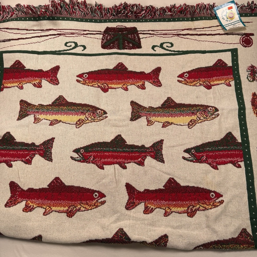 Vtg Cotton Woven Throw Blanket Trout Fly Fishing Game Fish Fringe Jacquard 46x67